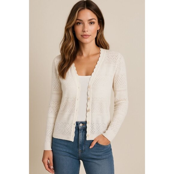 ✨ Frye Ivory Open-Knit Cotton Blend Button Front Cardigan Sweater Size XL ✨ - Picture 2 of 9